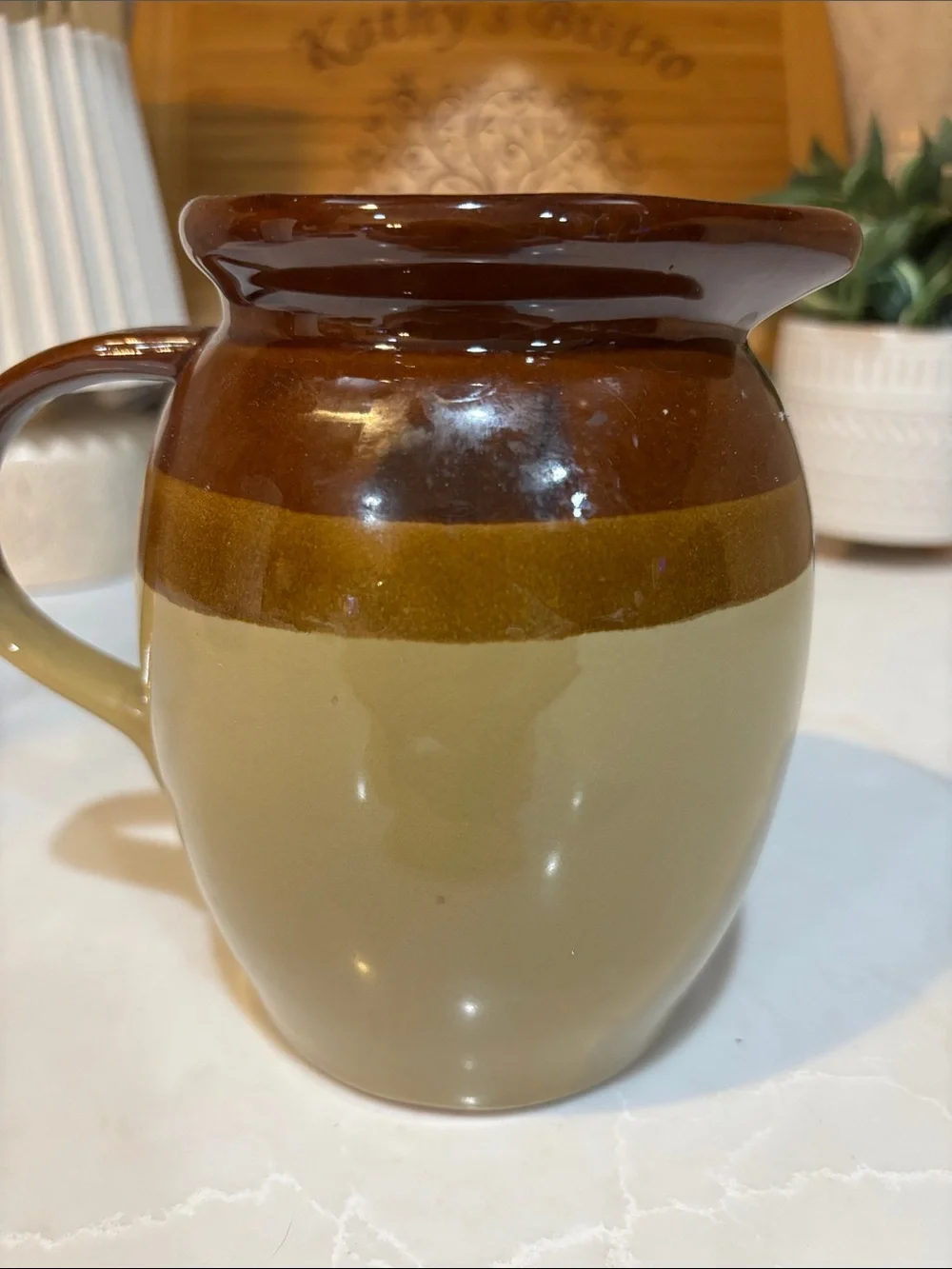 Vintage Brown and Olive Stoneware Pitcher 6